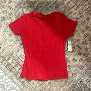 Anthropologie Fitted Red Short Sleeve shirt Large